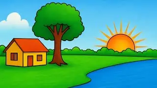 Beautiful Village Scenery Drawing | Easy Nature Drawing for Beginners | Sunset & River Landscape