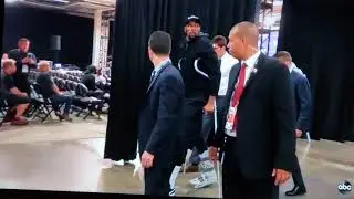 Kevin Durant seen on crutches and in a walking boot during the 3rd quarter of game 5