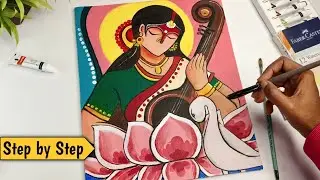 Maa Saraswati Madhubani art😍, With Acrylic Colour, Step by Step 