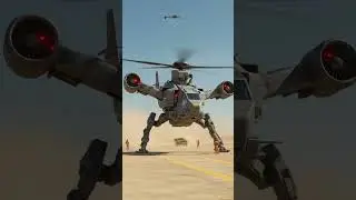 Futuristic Military Helicopter with Robotic Legs in Action