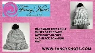 Handmade Knit Adult Unisex Gray Beanie With Built In Cuff And Black Pom-Pom NWT