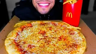 ASMR LITTLE CAESARS CHEESE PIZZA AND MCDONALD'S FRIES *BIG BITES* EATING SHOW MOUTH SOUNDS MUKBANG