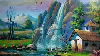 #18.como pintar paisaje con cascadas y casa.  veladuras y atmosferas. Acrylic