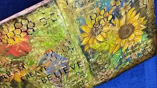 Working in my art journal. Green and Gold and shiny! Using texture paste for the first time.