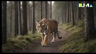 Tiger strolling on a Nordic pine wood