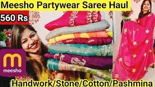 Meesho Saree Haul 560 Rs Handwork Saree/Stone/Pashmina saree/Pure Georgette meesho Partywear saree 