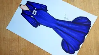 How to draw easy and beautiful dress/🧿/رسم فستان سهرة أزرق سهل جدا/رسم فساتين/رسم أزياء/رسم بنات