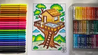 Colorful Treehouse Coloring Page for Kids | Easy Nature Coloring Sheet