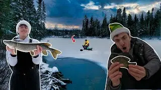 Ice Fishing on a Frozen Lake using Tip-ups and Jigs - Christmas Special!