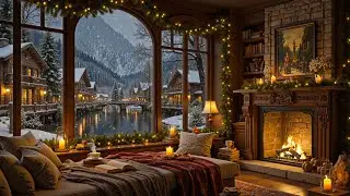 Cozy Winter Cabin Jazz ❄️ Fireplace Ambience Overlooking a Snowy Alpine Village for Relaxation