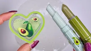 Avocado🥑 Makeup Slime ASMR! Satisfying Slime Coloring with Green💚Lipstick💄& Eyeshadow & Lip Balm!