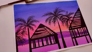 TROPICAL SUNSET ACRYLIC  PAINTING /how to paint purple sunset/palm trees/landscape/art therapy