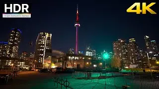 Walking Toronto's Queens Quay to HTO Park at Dusk | CN Tower at Night | City Sounds 4K HDR