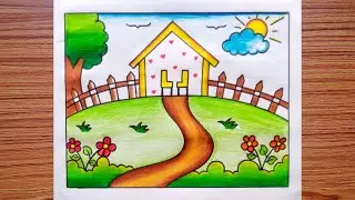 Garden Scenery Drawing / How to Draw Scenery Easy Syep By Step / Flower Garden Drawing 