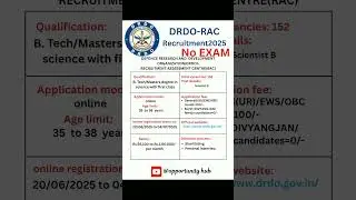 DRDO-RAC Recruitment 2025 | Scientist B vacancies #drdo#shorts #jobalert #jobvacancy #noexamjob#job