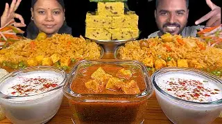 Matar Paneer, Veg Pulao, Dhokla, Raita & Papad Salad Eating Show