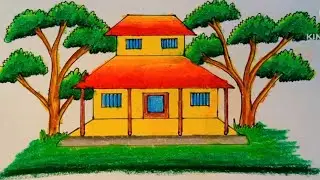 How to Draw a Beautiful Village House Drawing | Easy Step by Step Scenery Drawing for Beginners