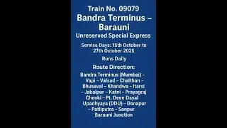 Bandra Terminus Mumbai to Barauni Special Express &mdash; Festival Unreserved Train Route &  Haltings 2025