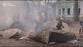 Firefighters Work to Extinguish Blaze After Deadly Missile Strike in Sumy