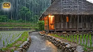 Heavy Rain at Night on Bamboo Hut Roof | Rain Sounds for Sleep No Thunder | Indonesia Rice Field