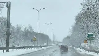 snow on the road in poland europe 
