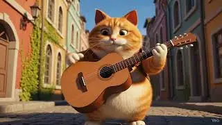 &ldquo;Street Guitarist Chubby Cat &ndash; Cute Music Cartoon&rdquo;