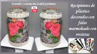 Recipientes plásticos decorados con falso marmoleado con revistas, fácil y económico !