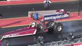 Santa Pod, Flame & Thunder 2015. Robin Reads Nitro burning Daimler powered Rail.
