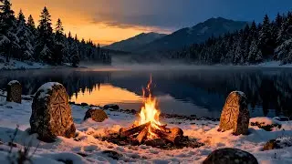 Winter Lakeside Campfire at Dusk 🔥 Relaxing Fire & Icy Nature Sounds