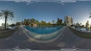360 VR Outdoor hotel area with swimming pool overlooking the sea, Turkey