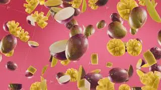 Mango with Slices Falling on Light Fuchsia Background.