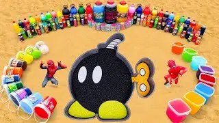 Instructions on how to draw a bomb using Orbeez pellets, a large soda can, and a Coca-Cola can