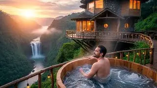 Building a Tree House on a High Cliff Above a Waterfall | Silent Survival ASMR