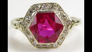 Antique Deco Synthetic Ruby Engagement Ring 13KY Gold D-.15CT Ring Size 6 www.antiquejewelryco.com