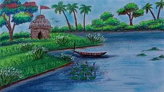 River side beautiful Temple drawing tutorial easy || temple drawing easy for beginners