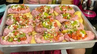 ALMOÇO COMPLETO LINGUIÇA RECHEADA COM VINAGRETE ASSADA COM BATATAS