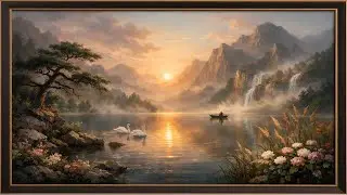 TV Frame Landscape Art | Nature Landscape Wall Art &ndash; Mountain Lake, Sunset, Swans & Fisherman