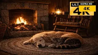 مشهد استرخاء شتوي دافئ 🔥 | Cozy Fireplace with Sleeping Dog & Cat &ndash; Relaxing Video