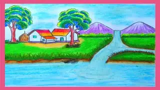 Landscape Drawing with a Beautiful River and Mountain Scenery
