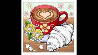 A red coffee cup with a heart-shaped latte art on top and a croissant.