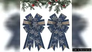 2PCS Christmas Bows Blue Gold Glitter Stripe Xmas Snowflake Bows Vintage Blue Tree Topper Bows for C