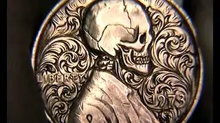 US penny Hand Carved and Engraved Skull with Ornate Scrollwork