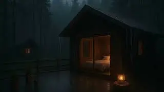 Heavy Rainstorm Covering the Deep Forest Outside a Shelter