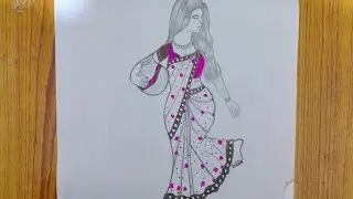 how to draw a girl traditional barid drawing easy| girl saree design drawing for beginners|