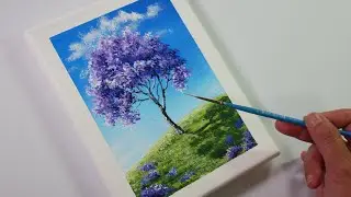 Easy Acrylic Landscape Painting for Beginners | Jacaranda Tree | Time-lapse