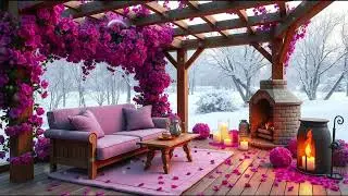 Pink Snow Romance 💗 Valentine Porch Jazz | Warm Fireplace Sounds for Relaxation