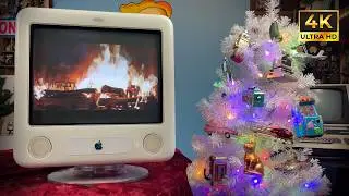 4K | 1 Hour Fire Log on G4 eMac | Crackling Fire - NO MUSIC/MIDROLL | Apple Christmas Tree