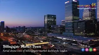 Billingsgate Market at Dawn Break Aerial Drone View London Docklands
