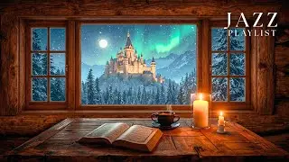 cozy castle room with aurora & full moon snowfall ambience | relaxing winter jazz playlist