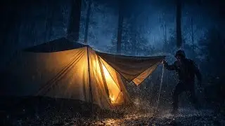 Solo Camping in Heavy Rain — Building Shelter & Relaxing Alone